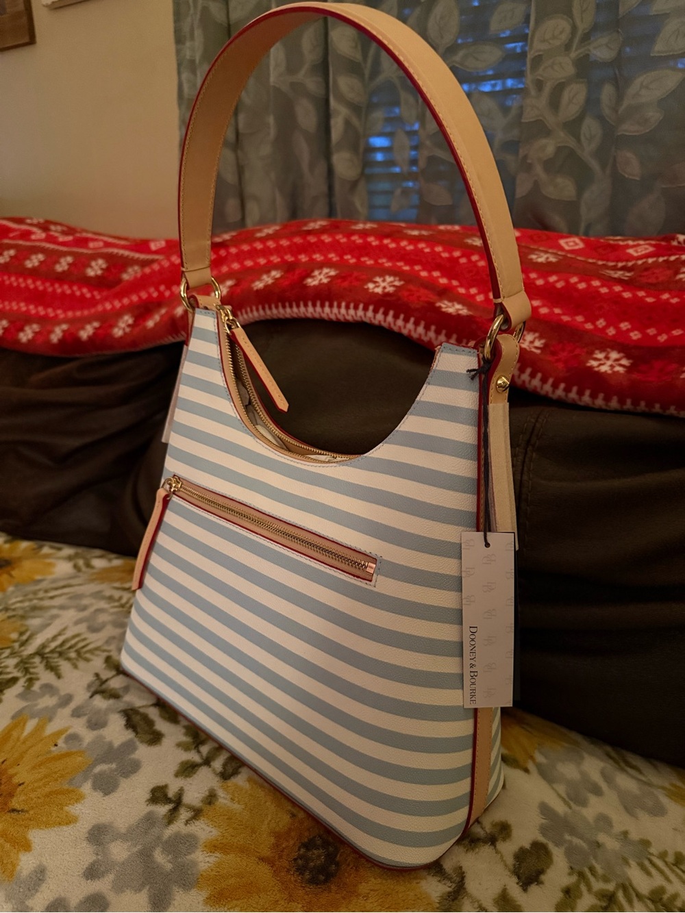 Dooney & Bourke Light Blue and White Striped Shoulder Bag with Red Trim - Picture 7 of 7